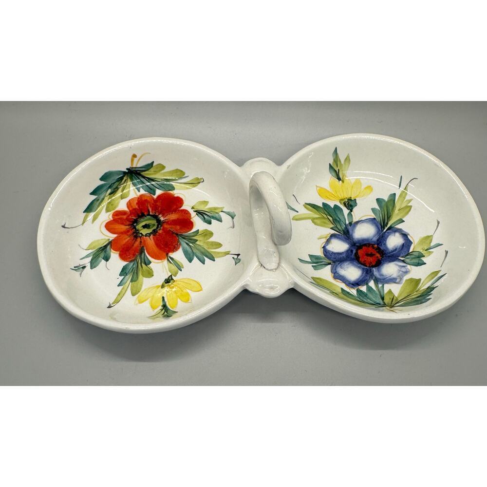 Vintage Beautiful Hand Painted Divided Dish Floral Handle Made In Italy Spring